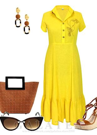 Желтое летнее льняное платье - миди свободного кроя7 фото