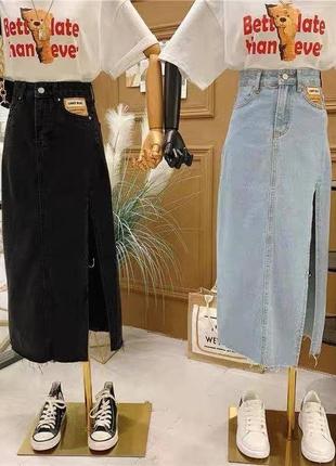 Модная длинная джинсовая юбка, с необработанным краем, с высокой талией и разрезом6 фото