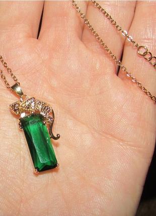Кулон подвеска на цепи леопард с изумрудным кристаллом, 4764-2