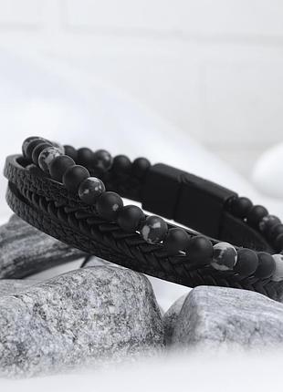 Мужской кожаный браслет с индивидуальной гравировкой на руку "harmony black" с магнитной застежкой