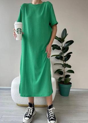 Платье миди оверсайз стильное базовое с разрезами оранжевая зеленая2 фото