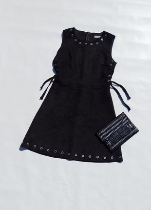 Замшевое чёрное мини платье со шнуовкой mango4 фото