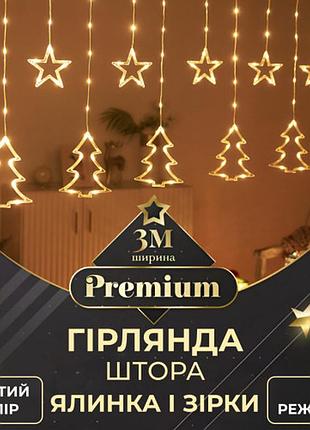 Чудова гірлянда-штора зірки та ялинки розмір 3*0,9 м 10 фігур, жовтий, для новорічних свят