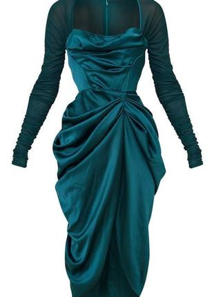 Распродажа платье prettylittlething миди корсетное изумрудное asos с полупрозрачными рукавами3 фото
