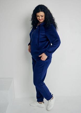 Велюровый женский спортивный костюм батал 2xl-5xl на молниии classic синий 617