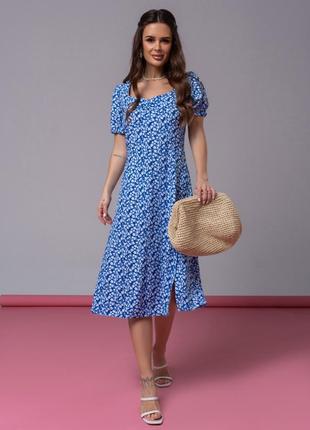 Синее ретро платье с цветным принтом и разрезом2 фото