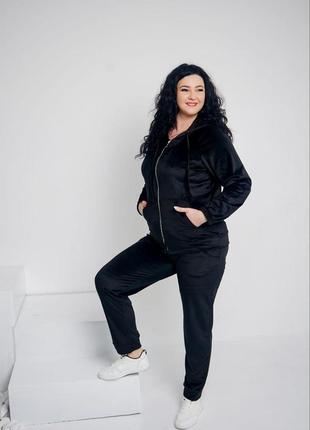 Велюровый женский спортивный костюм батал 2xl-5xl на молниии classic чёрный 617