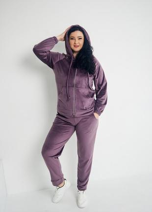 Велюровый женский спортивный костюм батал 2xl-5xl на молниии classic лаванда 617