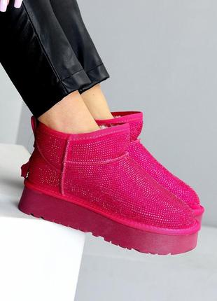 Универсальные фуксия женские угги зимние теплые на меху натуральный мех зима