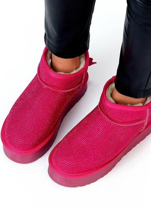 Универсальные фуксия женские угги зимние теплые на меху натуральный мех зима