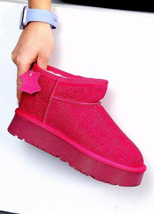 Универсальные фуксия женские угги зимние теплые на меху натуральный мех зима