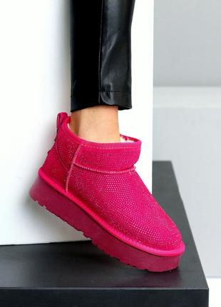 Универсальные фуксия женские угги зимние теплые на меху натуральный мех зима