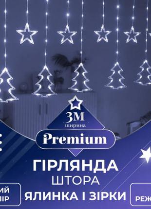 Чудова гірлянда-штора зірки та ялинки розмір 3*0,9 м 10 фігур, білий, для новорічних свят