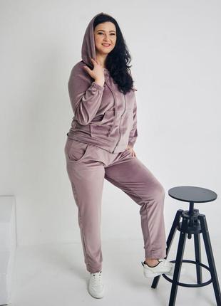 Велюровый женский спортивный костюм батал 2xl-5xl на молниии classic капучино 617