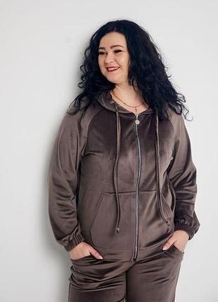 Велюровый женский спортивный костюм батал 2xl-5xl на молниии classic шоколад 617