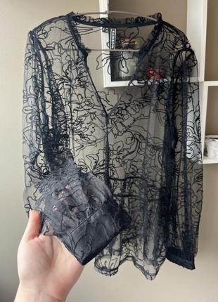 Черная блузапрозрачная сетка в узор блузка в сеточку невесомая абстракция с рюшами нарядная reinbow л-хл2 фото