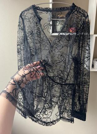 Черная блузапрозрачная сетка в узор блузка в сеточку невесомая абстракция с рюшами нарядная reinbow л-хл3 фото