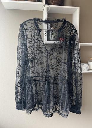 Черная блузапрозрачная сетка в узор блузка в сеточку невесомая абстракция с рюшами нарядная reinbow л-хл