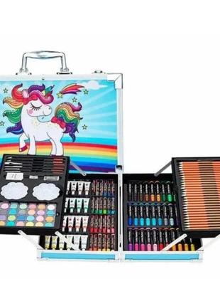 Набор для творчества в алюминиевом чемодане единорог 145 предметов, чемодан для рисования детский кейс. цвет:
