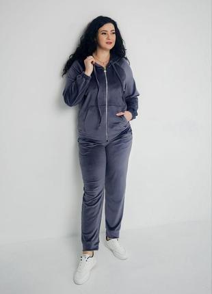 Велюровый женский спортивный костюм батал 2xl-5xl на молниии classic серый/графит 617