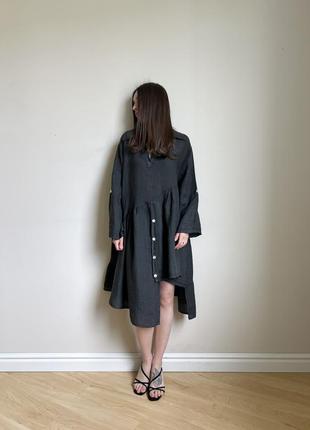 Асимметричное льняное платье свободного кроя темно серого цвета, made in italy, рукав укорачивается5 фото