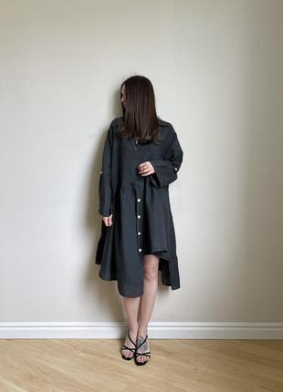 Асимметричное льняное платье свободного кроя темно серого цвета, made in italy, рукав укорачивается2 фото
