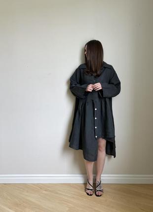 Асимметричное льняное платье свободного кроя темно серого цвета, made in italy, рукав укорачивается4 фото