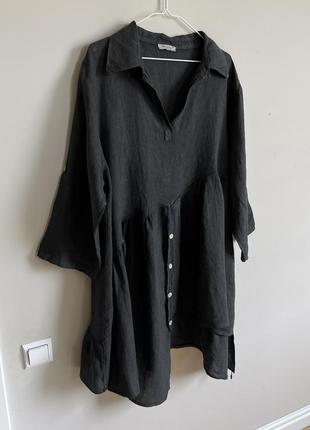 Асимметричное льняное платье свободного кроя темно серого цвета, made in italy, рукав укорачивается8 фото
