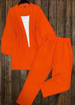 Костюм жіночий літній оверсайз кардиган штани з кишенями якісний стильний малиновий помаранчевий3 фото