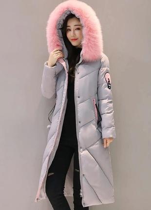 Пуховик пальто сірий із рожевим штучним хутром4 фото