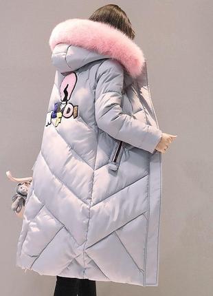 Пуховик пальто сірий із рожевим штучним хутром5 фото