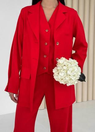 Костюм - тройка женский, льняной, летний, жилет, пиджак, брюки, жилетка, красный3 фото