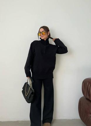 Премиальный черный вязаный костюм двойка свитер+прямые брюки палаццо с м л хл 42 44 46 48 50