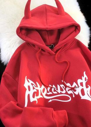 Худи с рожками черный / красный оверсайз, парные худи