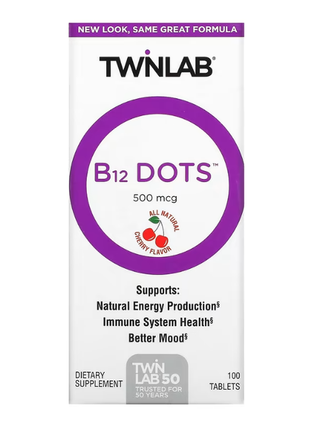 Американские витамины twinlab, витамин b12, вишня, 500 мкг, 100 таблеток