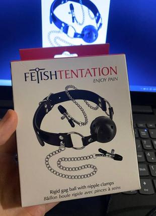 Дышащий кляп с зажимами для сосоков fetish tentation rigid gag ball with nipple clamps