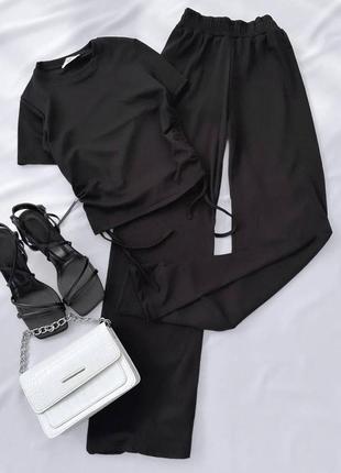 Костюм женский однотонный топ на затяжках брюки свободного кроя на высокой посадке качественный трендовый черный бежевый