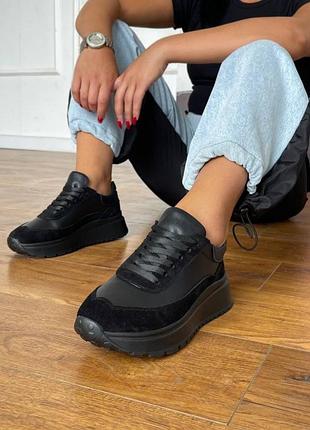 Женские черные кроссовки, натуральная кожа/замша