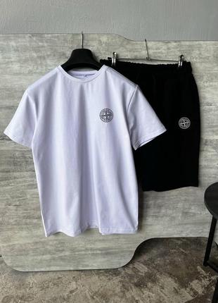 Чоловічий літній костюм футболка + шорти stone island білий з чорним стон айленд (b)