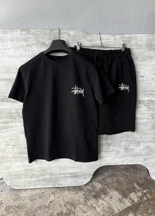 Чоловічий літній костюм футболка + шорти stussy чорний стуссі на літо (b)