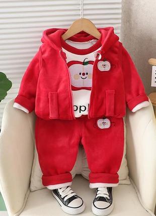 Костюм-тройка теплый для девочки малиновый apple 10570, размер 100