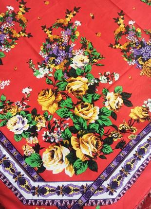 Шикарний великий червоний народний хустка шаль палантин із квітами й бахромою8 фото