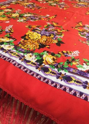Шикарний великий червоний народний хустка шаль палантин із квітами й бахромою9 фото