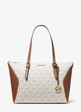 Сумка жіноча шопер michael kors оригінал coraline large logo та leather tote bag біла в лого8 фото