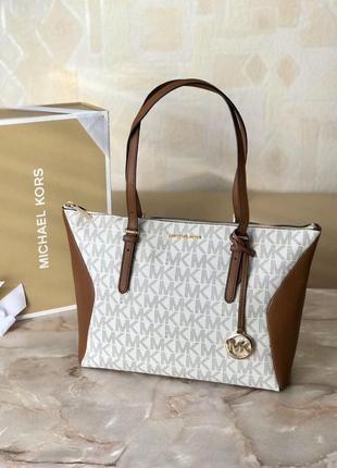 Сумка женская шопер michael kors оригинал coraline large logo and leather tote bag белая в лого1 фото