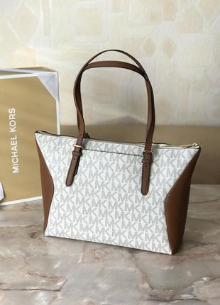 Сумка женская шопер michael kors оригинал coraline large logo and leather tote bag белая в лого5 фото