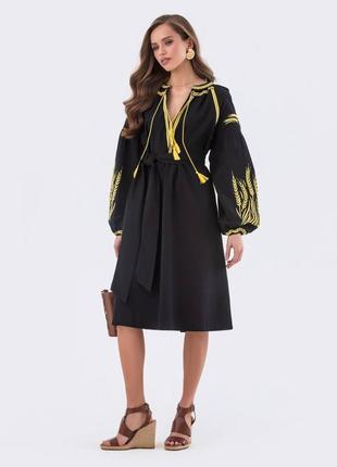 Колоритное платье с более вышитыми колышками украинского платья вышиванка с поясом, этно платье миди с вышивкой4 фото