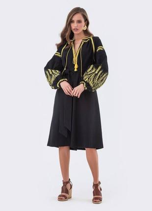 Колоритна сукня з вишишими колосками українська сукня вишиванка з поясом, етно плаття міді з вишивкою