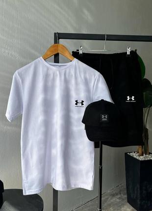 Чоловічий літній костюм 3в1 футболка + шорти + кепка under armour чорний з білим андер армор на літо (b)