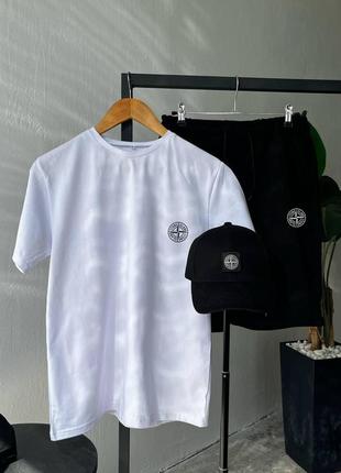 Мужской летний костюм 3в1 футболка + шорты + кепка stone island черный с белым стон айленд на лето (b)